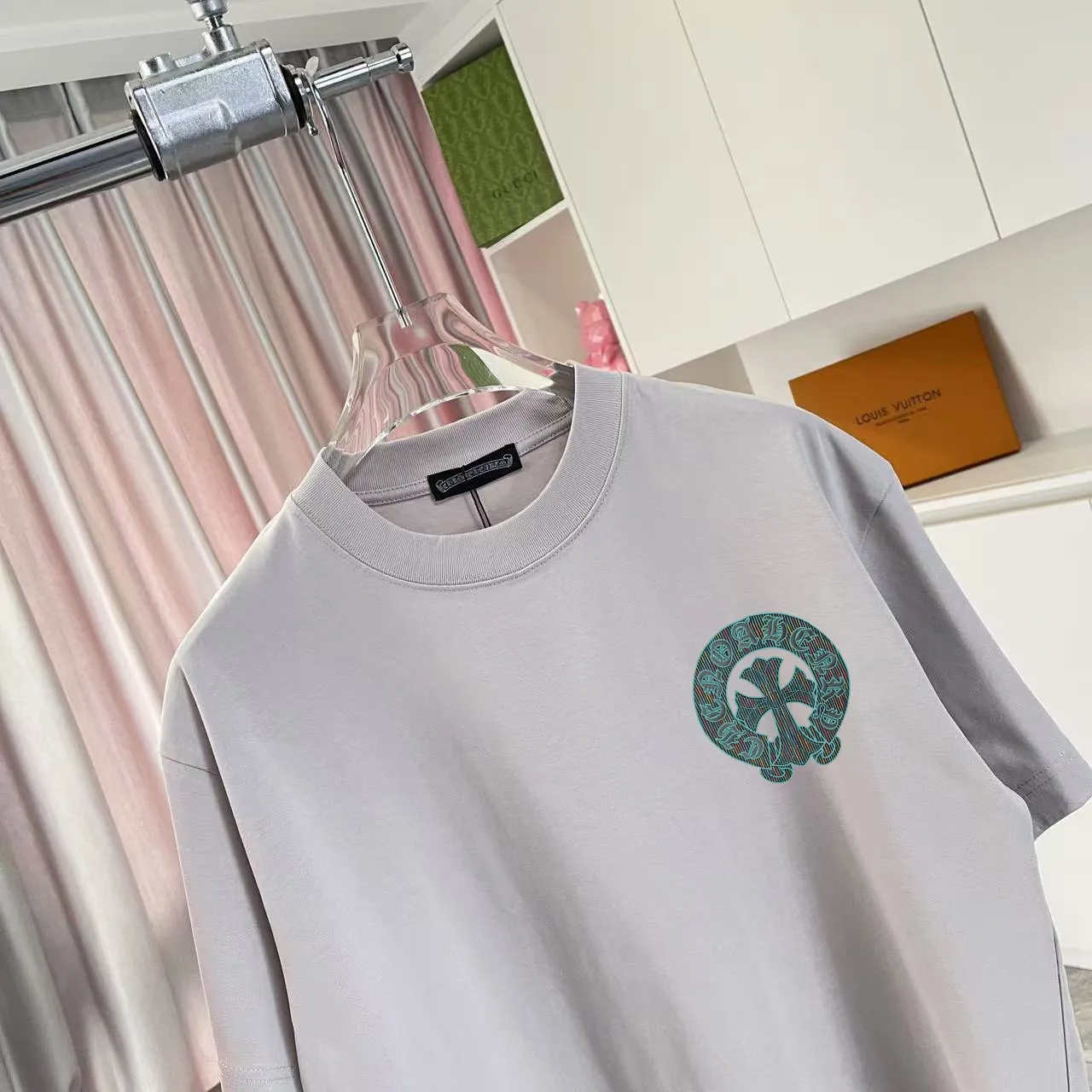 🅿️170 ch Crow*2025 summer new style Sanskrit cross horseshoe print short-sleeved T-shirt customized fabric 300g same style for men and women Size: S M L XL XXL five sizes Color: black white pink rose red iron gray